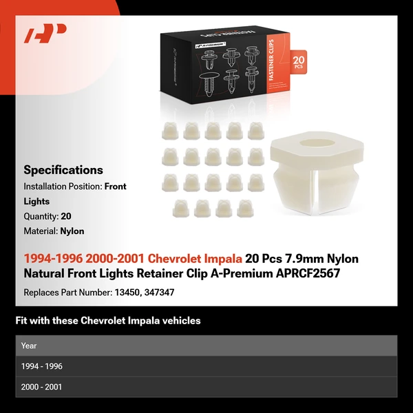 1994-1996 2000-2001 Chevrolet Impala 20 Pcs 7.9mm Nylon Natural Front Lights Retainer Clip A-Premium APRCF2567