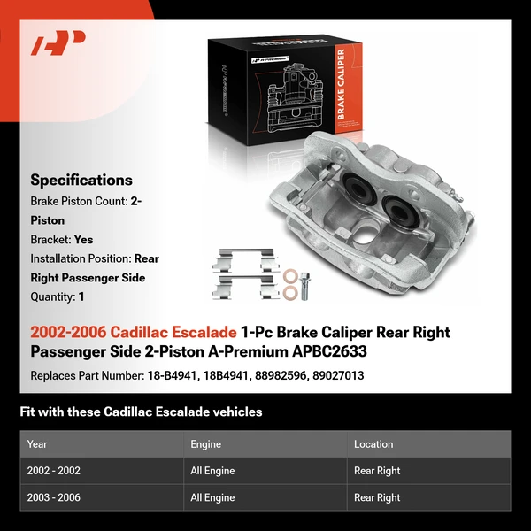 2002-2006 Cadillac Escalade 1-Pc Brake Caliper Rear Right Passenger Side 2-Piston A-Premium APBC2633