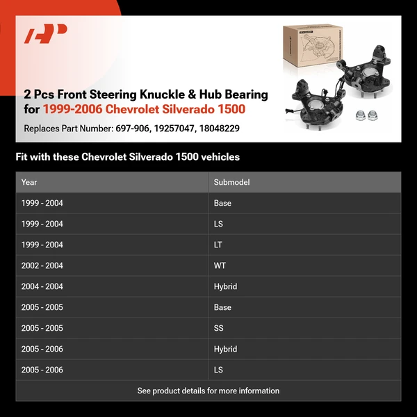 2 Pcs Front Steering Knuckle & Hub Bearing for 1999-2006 Chevrolet Silverado 1500