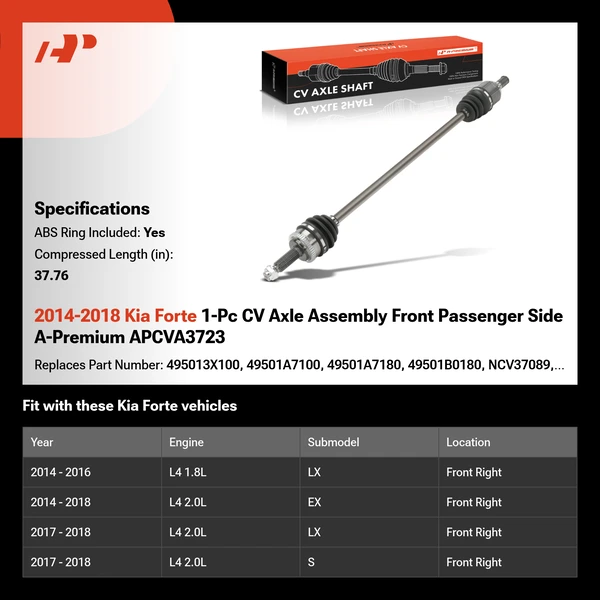 2014-2018 Kia Forte 1-Pc CV Axle Assembly Front Passenger Side A-Premium APCVA3723