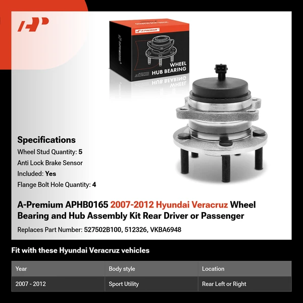 A-Premium APHB0165 2007-2012 Hyundai Veracruz Wheel Bearing and Hub Assembly Kit Rear Driver or Passenger