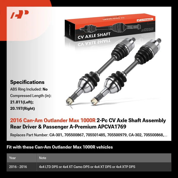 2016 Can-Am Outlander Max 1000R 2-Pc CV Axle Shaft Assembly Rear Driver & Passenger A-Premium APCVA1769