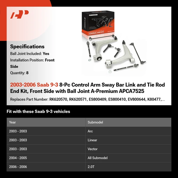 2003-2006 Saab 9-3 8-Pc Control Arm Sway Bar Link and Tie Rod End Kit, Front Side with Ball Joint A-Premium APCA7525