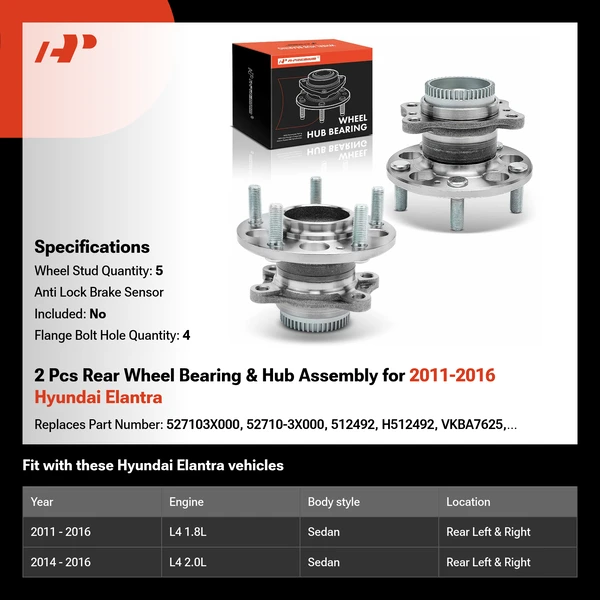 2 Pcs Rear Wheel Bearing & Hub Assembly for 2011-2016 Hyundai Elantra