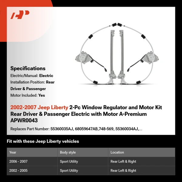 2002-2007 Jeep Liberty 2-Pc Window Regulator and Motor Kit Rear Driver & Passenger Electric with Motor A-Premium APWR0043