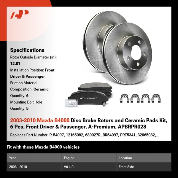 2003-2010 Mazda B4000 Disc Brake Rotors and Ceramic Pads Kit, 6 Pcs, Front Driver & Passenger, A-Premium, APBRPR028