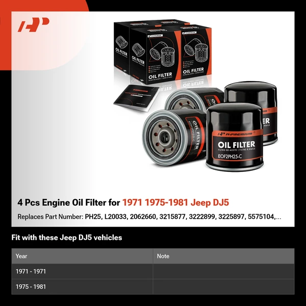 4 Pcs Engine Oil Filter for 1971 1975-1981 Jeep DJ5