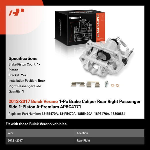 2012-2017 Buick Verano 1-Pc Brake Caliper Rear Right Passenger Side 1-Piston A-Premium APBC4171