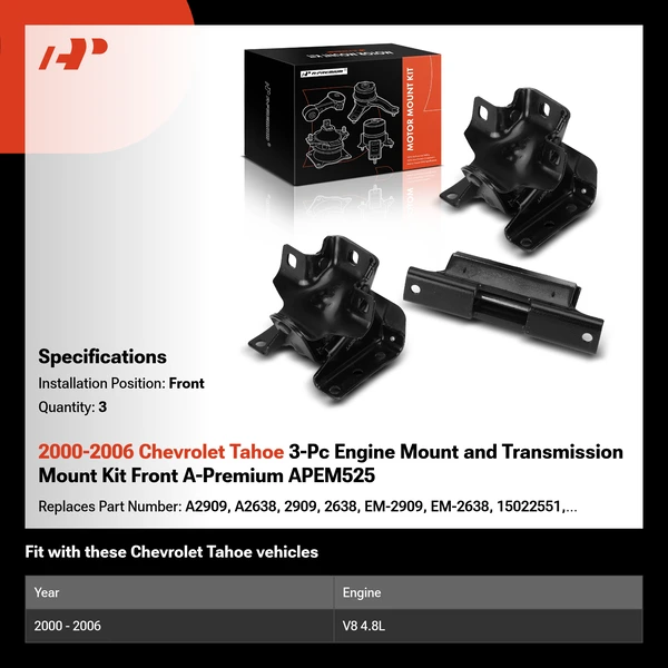 2000-2006 Chevrolet Tahoe 3-Pc Engine Mount and Transmission Mount Kit Front A-Premium APEM525