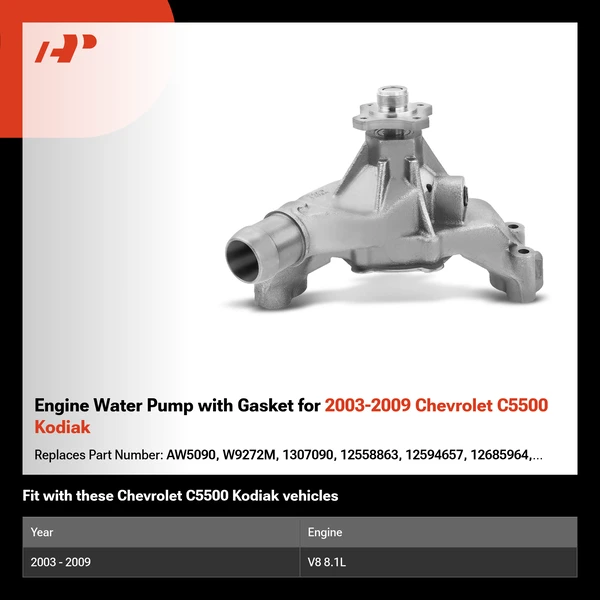 Engine Water Pump with Gasket for 2003-2009 Chevrolet C5500 Kodiak