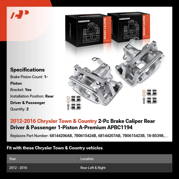 2012-2016 Chrysler Town & Country 2-Pc Brake Caliper Rear Driver & Passenger 1-Piston A-Premium APBC1194