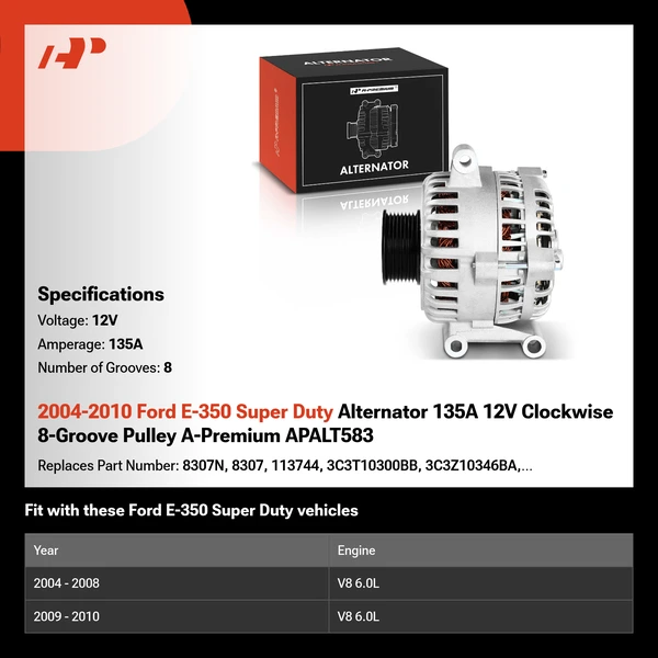 2004-2010 Ford E-350 Super Duty Alternator 135A 12V Clockwise 8-Groove Pulley A-Premium APALT583