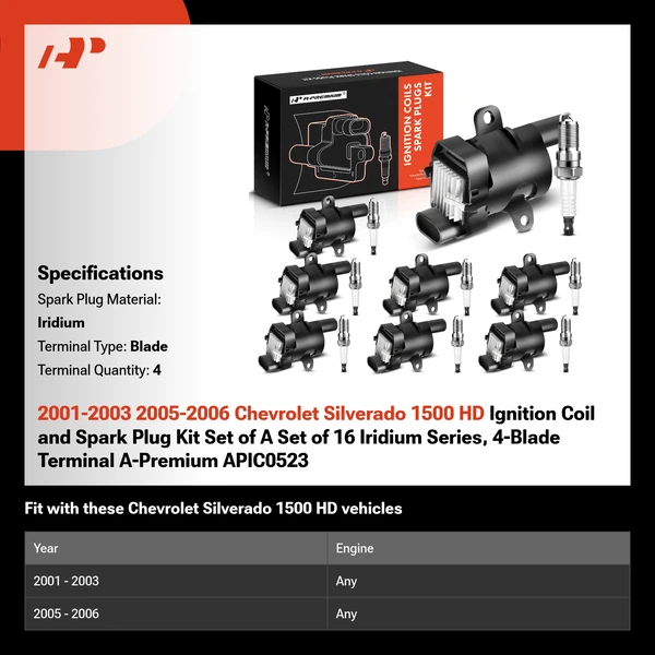 2001-2003 2005-2006 Chevrolet Silverado 1500 HD Ignition Coil and Spark Plug Kit Set of A Set of 16 Iridium Series, 4-Blade Terminal A-Premium APIC0523