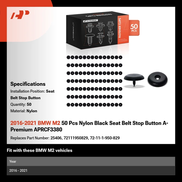 2016-2021 BMW M2 50 Pcs Nylon Black Seat Belt Stop Button A-Premium APRCF3380