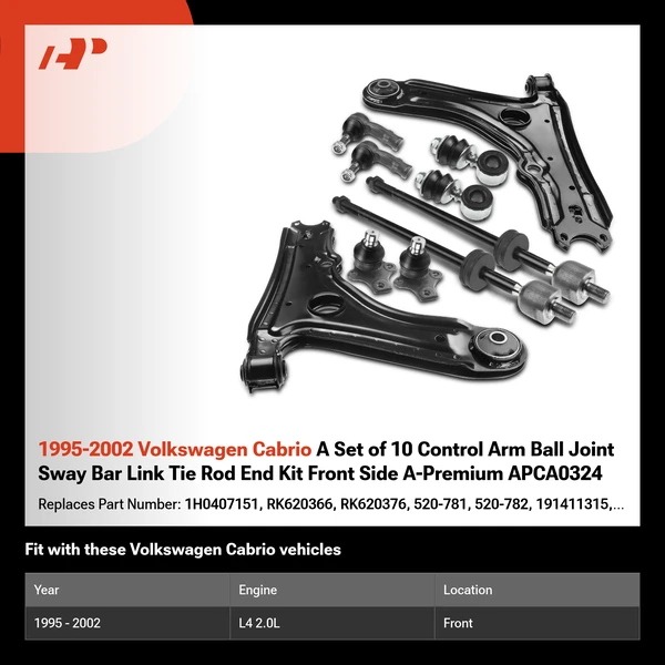 1995-2002 Volkswagen Cabrio A Set of 10 Control Arm Ball Joint Sway Bar Link Tie Rod End Kit Front Side A-Premium APCA0324