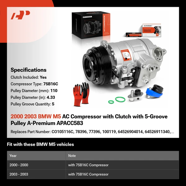 2000 2003 BMW M5 AC Compressor with Clutch with 5-Groove Pulley A-Premium APACC583