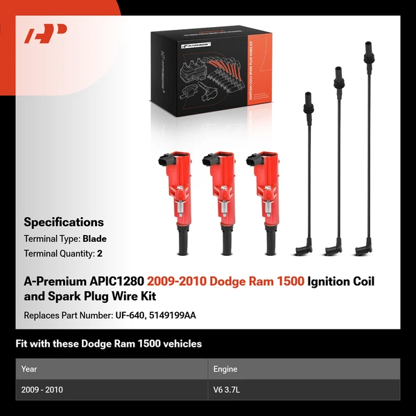 A-Premium APIC1280 2009-2010 Dodge Ram 1500 Ignition Coil and Spark Plug Wire Kit