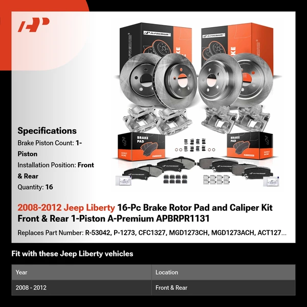 2008-2012 Jeep Liberty 16-Pc Brake Rotor Pad and Caliper Kit Front & Rear 1-Piston A-Premium APBRPR1131