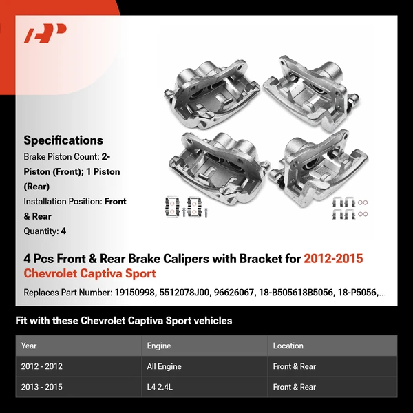 4 Pcs Front & Rear Brake Calipers with Bracket for 2012-2015 Chevrolet Captiva Sport