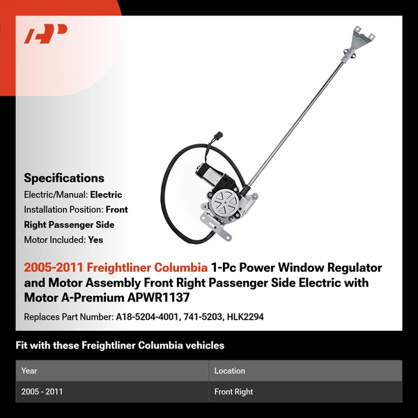 2005-2011 Freightliner Columbia 1-Pc Power Window Regulator and Motor Assembly Front Right Passenger Side Electric with Motor A-Premium APWR1137