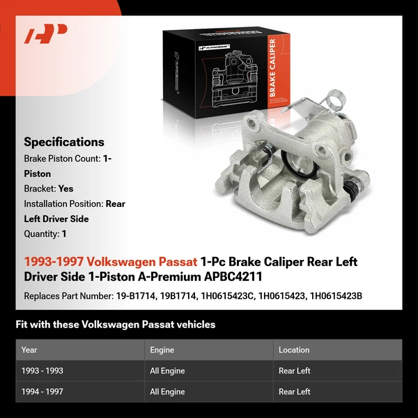 1993-1997 Volkswagen Passat 1-Pc Brake Caliper Rear Left Driver Side 1-Piston A-Premium APBC4211