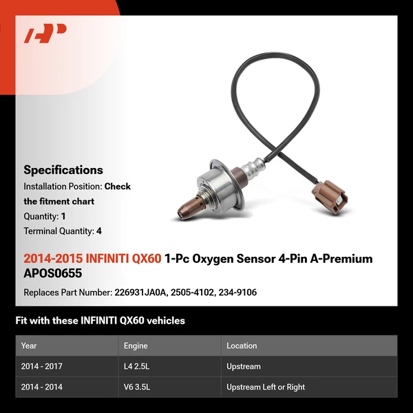 2014-2015 INFINITI QX60 1-Pc Oxygen Sensor 4-Pin A-Premium APOS0655