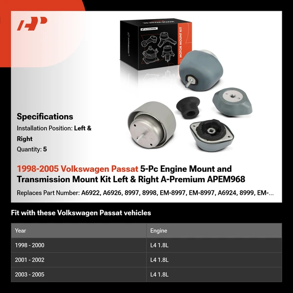 1998-2005 Volkswagen Passat 5-Pc Engine Mount and Transmission Mount Kit Left & Right A-Premium APEM968