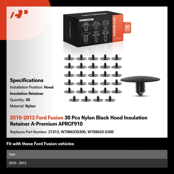 2010-2012 Ford Fusion 30 Pcs Nylon Black Hood Insulation Retainer A-Premium APRCF910
