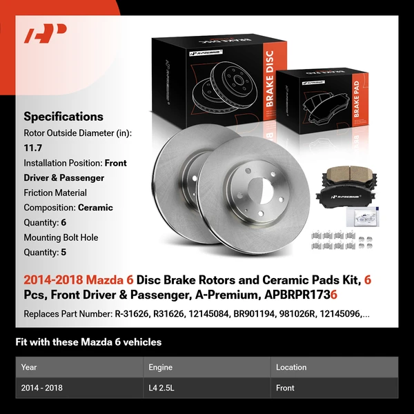 2014-2018 Mazda 6 Disc Brake Rotors and Ceramic Pads Kit, 6 Pcs, Front Driver & Passenger, A-Premium, APBRPR1736