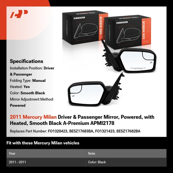 2011 Mercury Milan Driver & Passenger Mirror, Powered, with Heated, Smooth Black A-Premium APMI2178