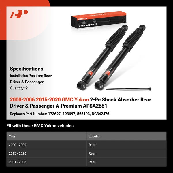 2000-2006 2015-2020 GMC Yukon 2-Pc Shock Absorber Rear Driver & Passenger A-Premium APSA2551