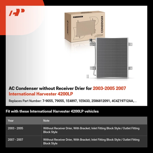 AC Condenser without Receiver Drier for 2003-2005 2007 International Harvester 4200LP