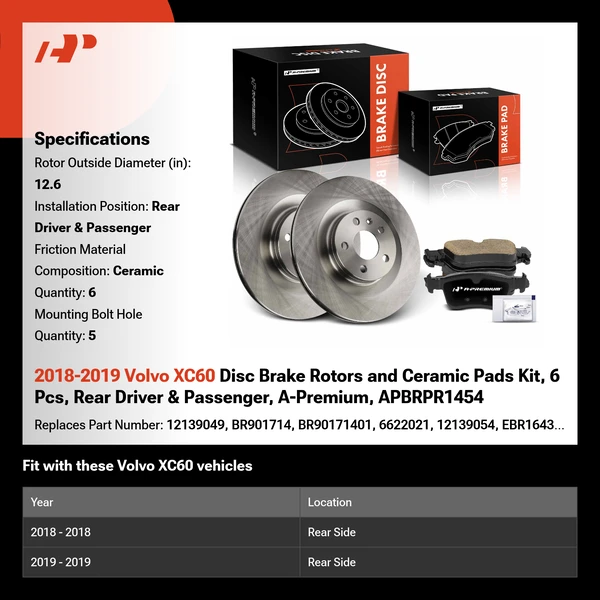 2018-2019 Volvo XC60 Disc Brake Rotors and Ceramic Pads Kit, 6 Pcs, Rear Driver & Passenger, A-Premium, APBRPR1454