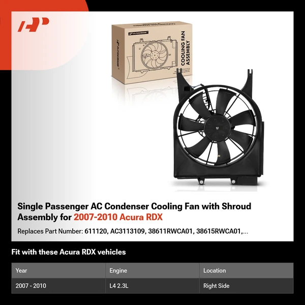 Single Passenger AC Condenser Cooling Fan with Shroud Assembly for 2007-2010 Acura RDX