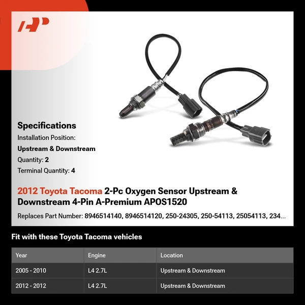 2012 Toyota Tacoma 2-Pc Oxygen Sensor Upstream & Downstream 4-Pin A-Premium APOS1520