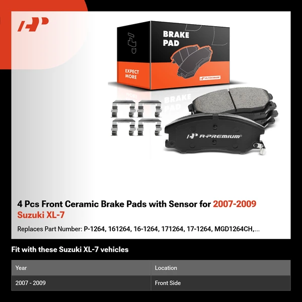 4 Pcs Front Ceramic Brake Pads with Sensor for 2007-2009 Suzuki XL-7