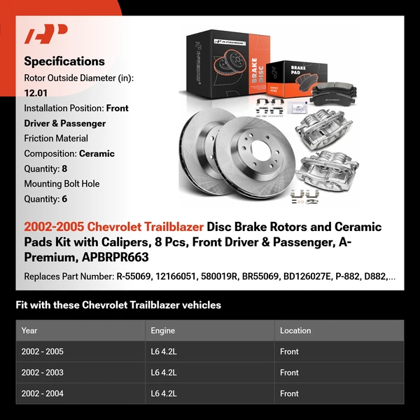 2002-2005 Chevrolet Trailblazer Disc Brake Rotors and Ceramic Pads Kit with Calipers, 8 Pcs, Front Driver & Passenger, A-Premium, APBRPR663