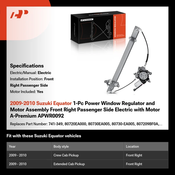 2009-2010 Suzuki Equator 1-Pc Power Window Regulator and Motor Assembly Front Right Passenger Side Electric with Motor A-Premium APWR0092