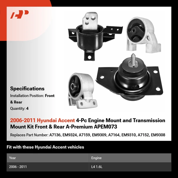 2006-2011 Hyundai Accent 4-Pc Engine Mount and Transmission Mount Kit Front & Rear A-Premium APEM073