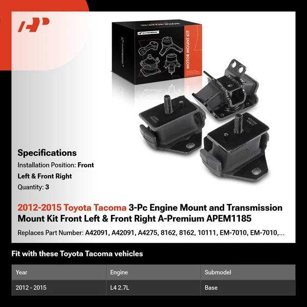 2012-2015 Toyota Tacoma 3-Pc Engine Mount and Transmission Mount Kit Front Left & Front Right A-Premium APEM1185