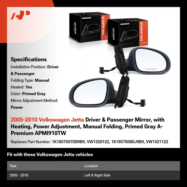 2005-2010 Volkswagen Jetta Driver & Passenger Mirror, with Heating, Power Adjustment, Manual Folding, Primed Gray A-Premium APMI910TW
