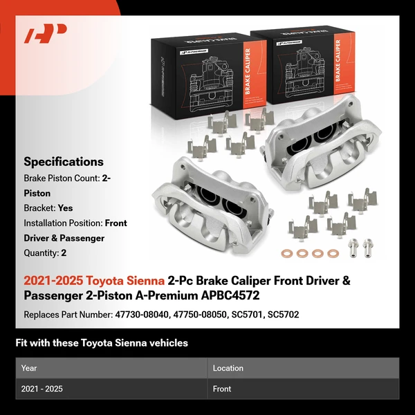 2021-2025 Toyota Sienna 2-Pc Brake Caliper Front Driver & Passenger 2-Piston A-Premium APBC4572