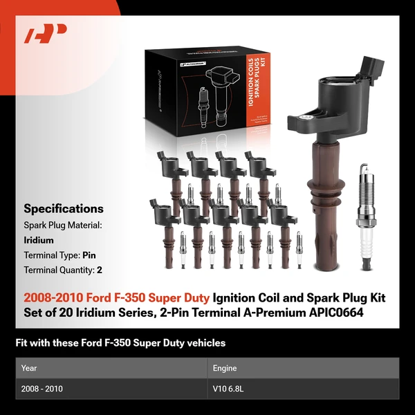 2008-2010 Ford F-350 Super Duty Ignition Coil and Spark Plug Kit Set of 20 Iridium Series, 2-Pin Terminal A-Premium APIC0664