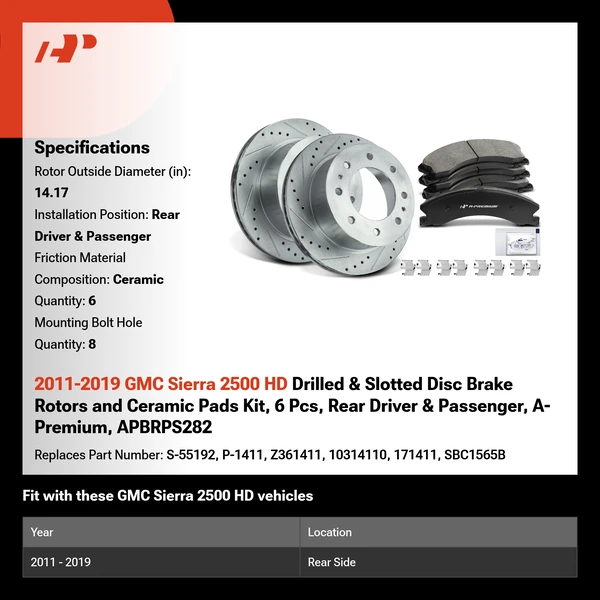 2011-2019 GMC Sierra 2500 HD Drilled & Slotted Disc Brake Rotors and Ceramic Pads Kit, 6 Pcs, Rear Driver & Passenger, A-Premium, APBRPS282
