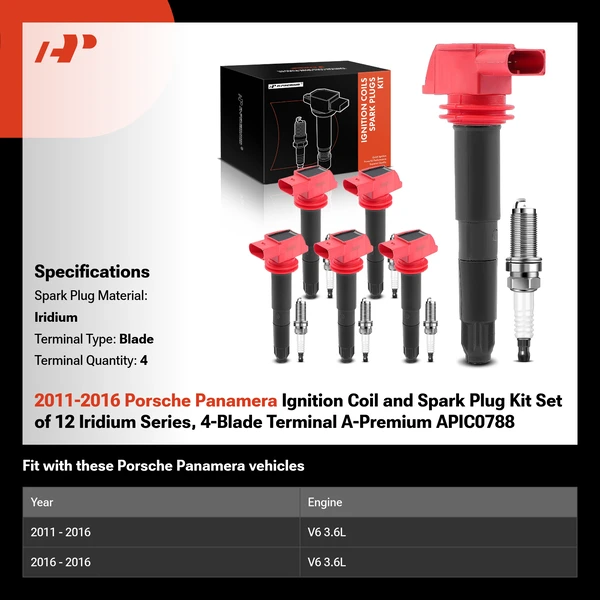 2011-2016 Porsche Panamera Ignition Coil and Spark Plug Kit Set of 12 Iridium Series, 4-Blade Terminal A-Premium APIC0788
