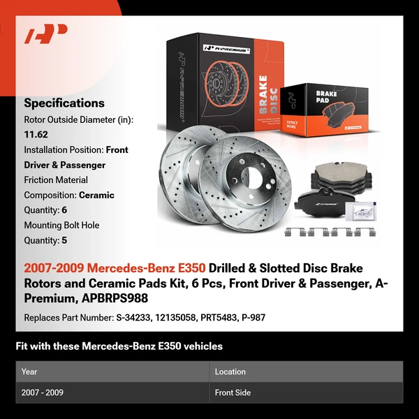2007-2009 Mercedes-Benz E350 Drilled & Slotted Disc Brake Rotors and Ceramic Pads Kit, 6 Pcs, Front Driver & Passenger, A-Premium, APBRPS988
