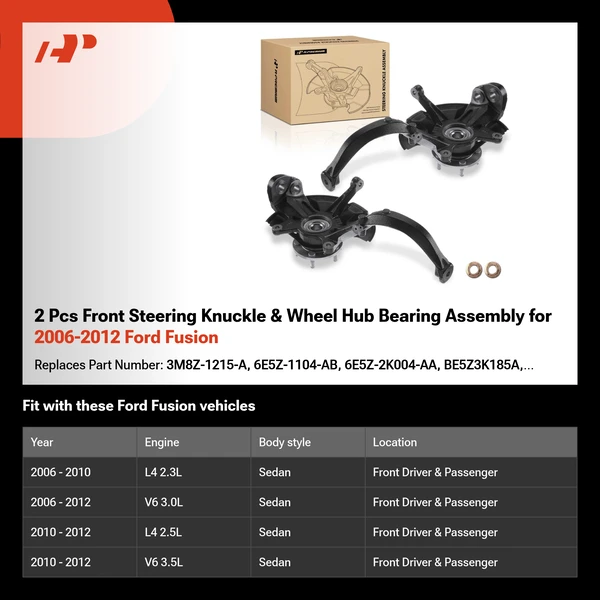 2 Pcs Front Steering Knuckle & Wheel Hub Bearing Assembly for 2006-2012 Ford Fusion