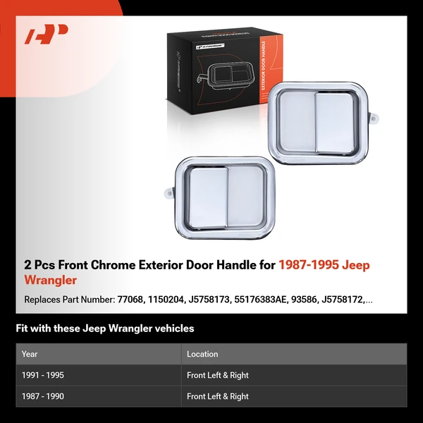 2 Pcs Front Chrome Exterior Door Handle for 1987-1995 Jeep Wrangler