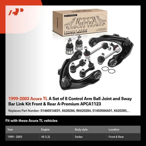 1999-2003 Acura TL A Set of 8 Control Arm Ball Joint and Sway Bar Link Kit Front & Rear A-Premium APCA1123