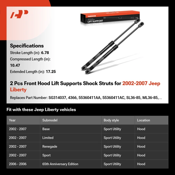 2 Pcs Front Hood Lift Supports Shock Struts for 2002-2007 Jeep Liberty